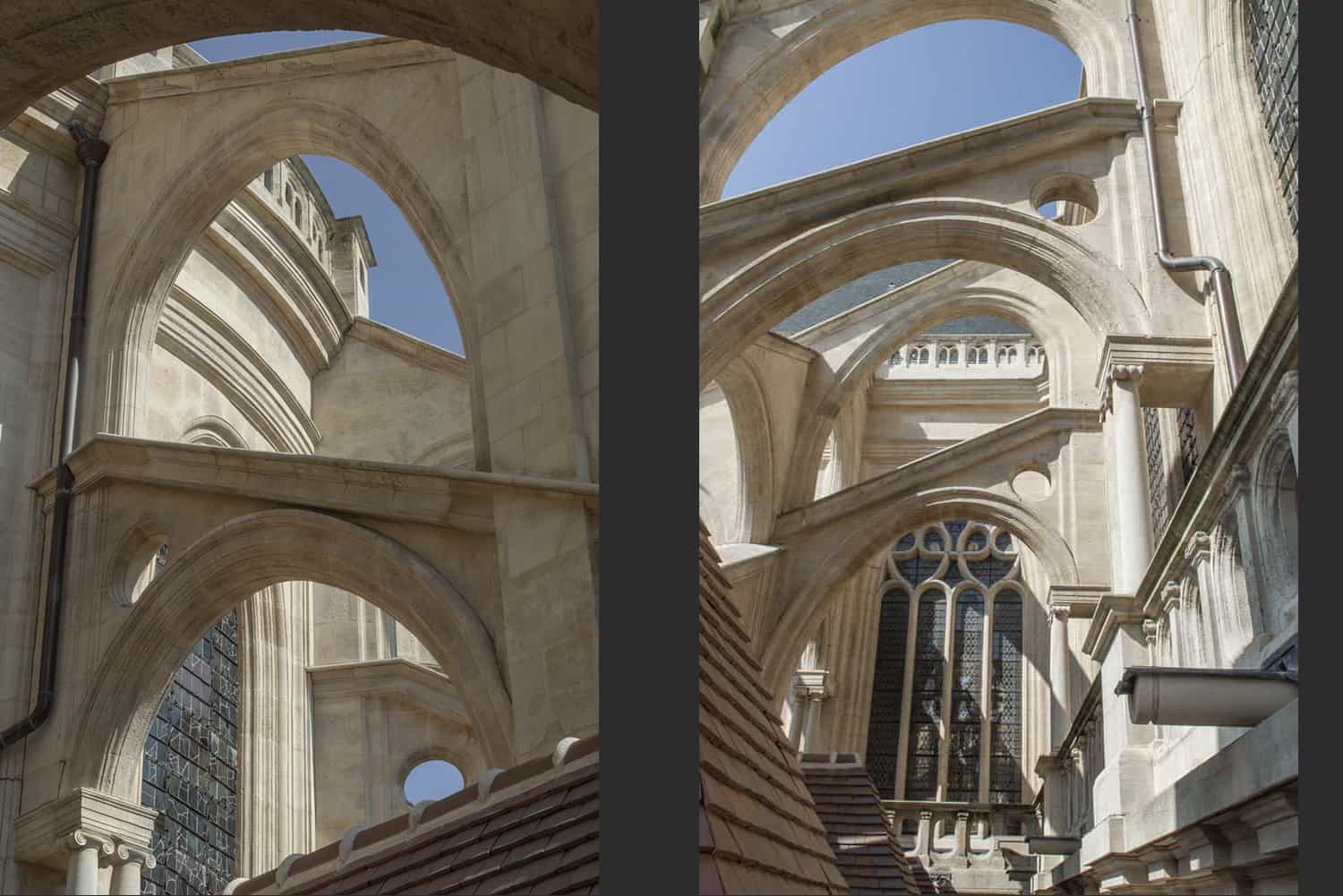 Arcs-boutants de l&rsquo;église Saint-Eustache à Paris, après restauration par Alain-Charles Perrot